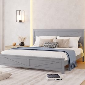 Farmhouse Style King Size Bed with Barn Door Designed Headboard and Footboard