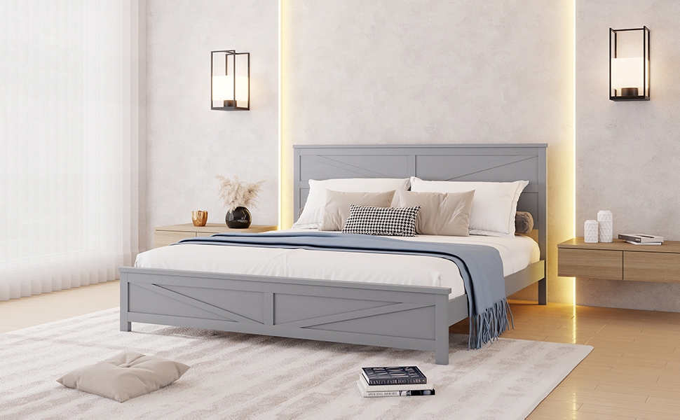 Farmhouse Style King Size Bed with Barn Door Designed Headboard and Footboard