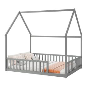 Full Size House Floor Bed With Roof Frame and Safety Guardrails