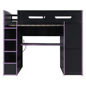 Wood Full Size Loft Bed with Desk, Multi-Storage Shelves and RGB Light