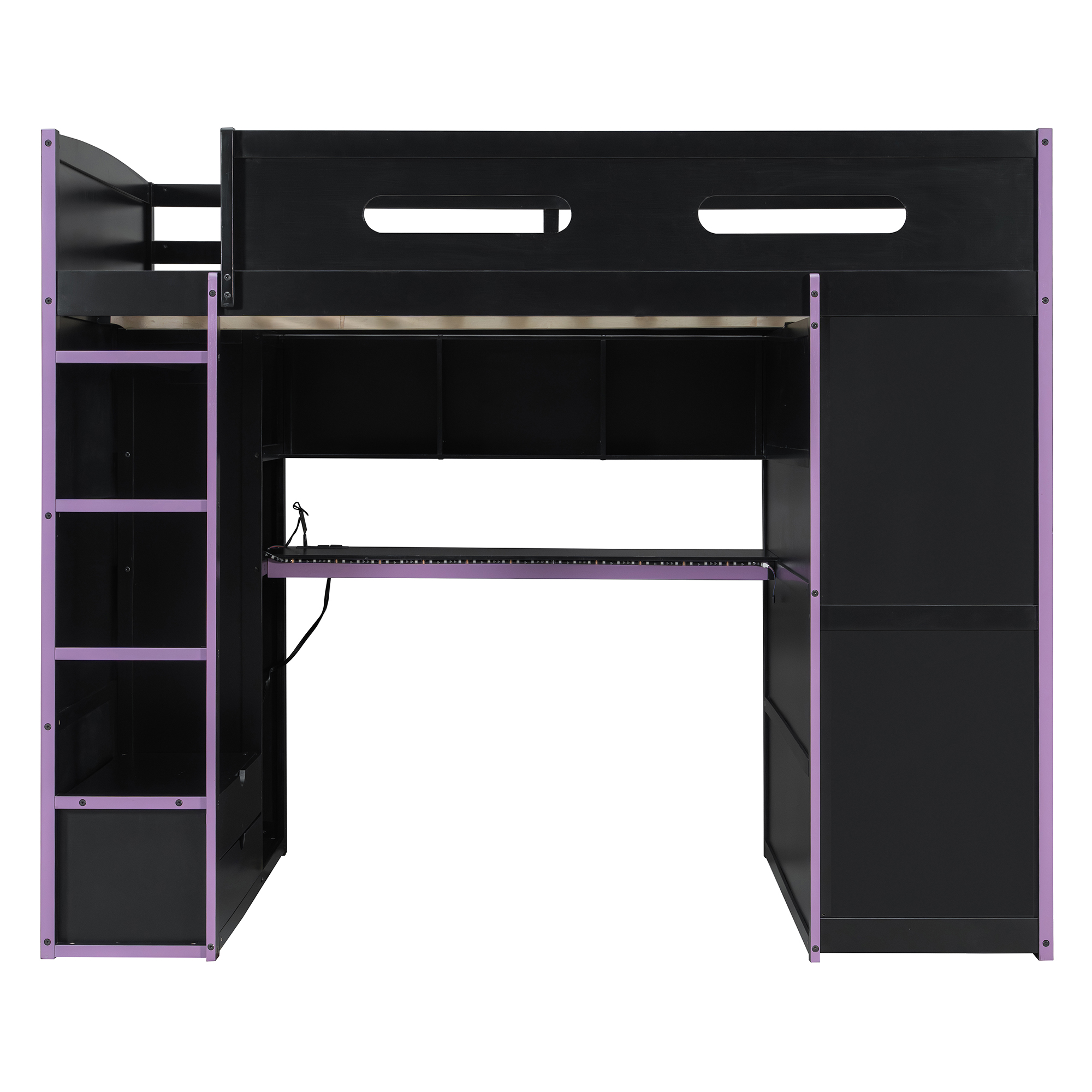 Wood Full Size Loft Bed with Desk, Multi-Storage Shelves and RGB Light