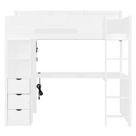 Twin Size Wooden Gaming Loft Bed with U-Shaped Desk, Smart RGB LED Lights and USB Ports