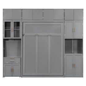 Full Size Murphy Bed With Storage Cabinets, Desk And Glass-door Hutch, USB & Power Outlet, LED Lighted Shelves