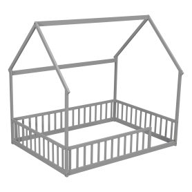 Full Size House Floor Bed With Roof Frame and Safety Guardrails
