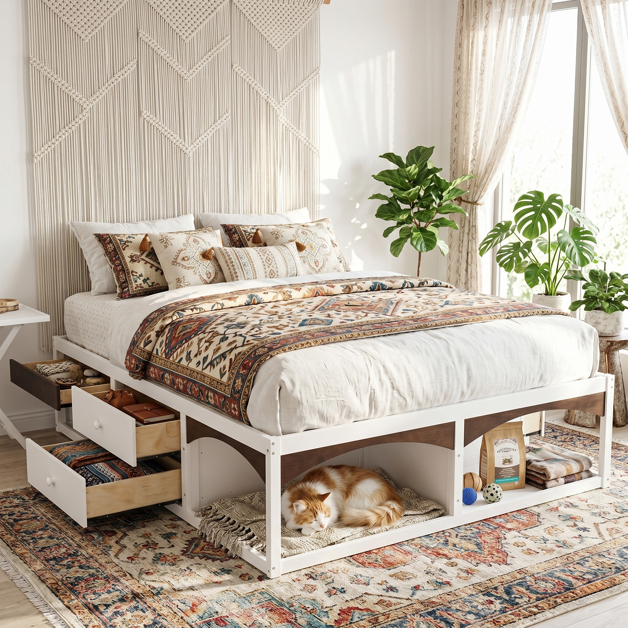 King Bed Frame With Storage Drawers, No Headboard Platform Bed