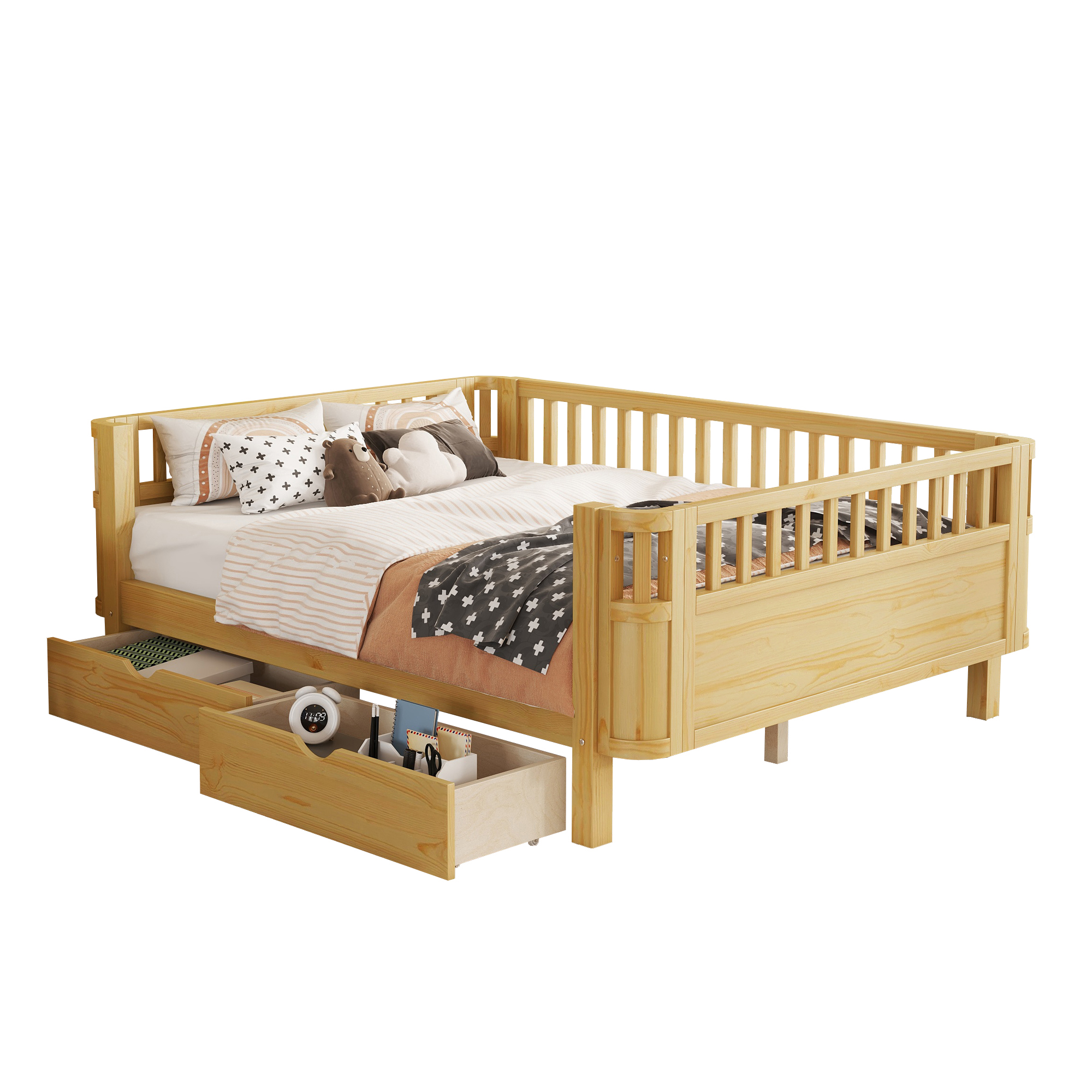 Wood Low Profile Full Bed with Rails and Drawers