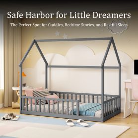 Twin Size House Floor Bed With Roof Frame and Safety Guardrails