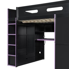 Wood Full Size Loft Bed with Desk, Multi-Storage Shelves and RGB Light