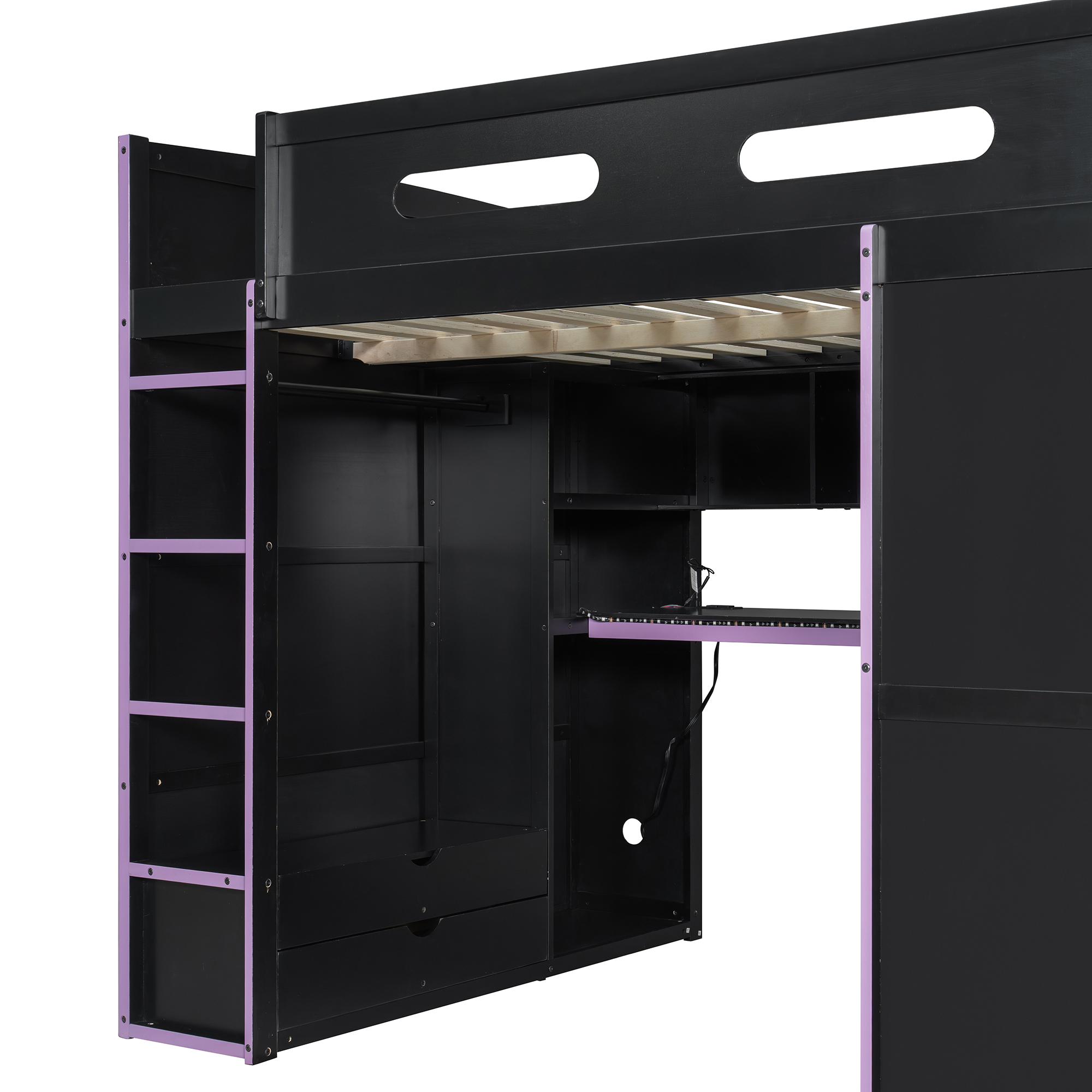 Wood Full Size Loft Bed with Desk, Multi-Storage Shelves and RGB Light