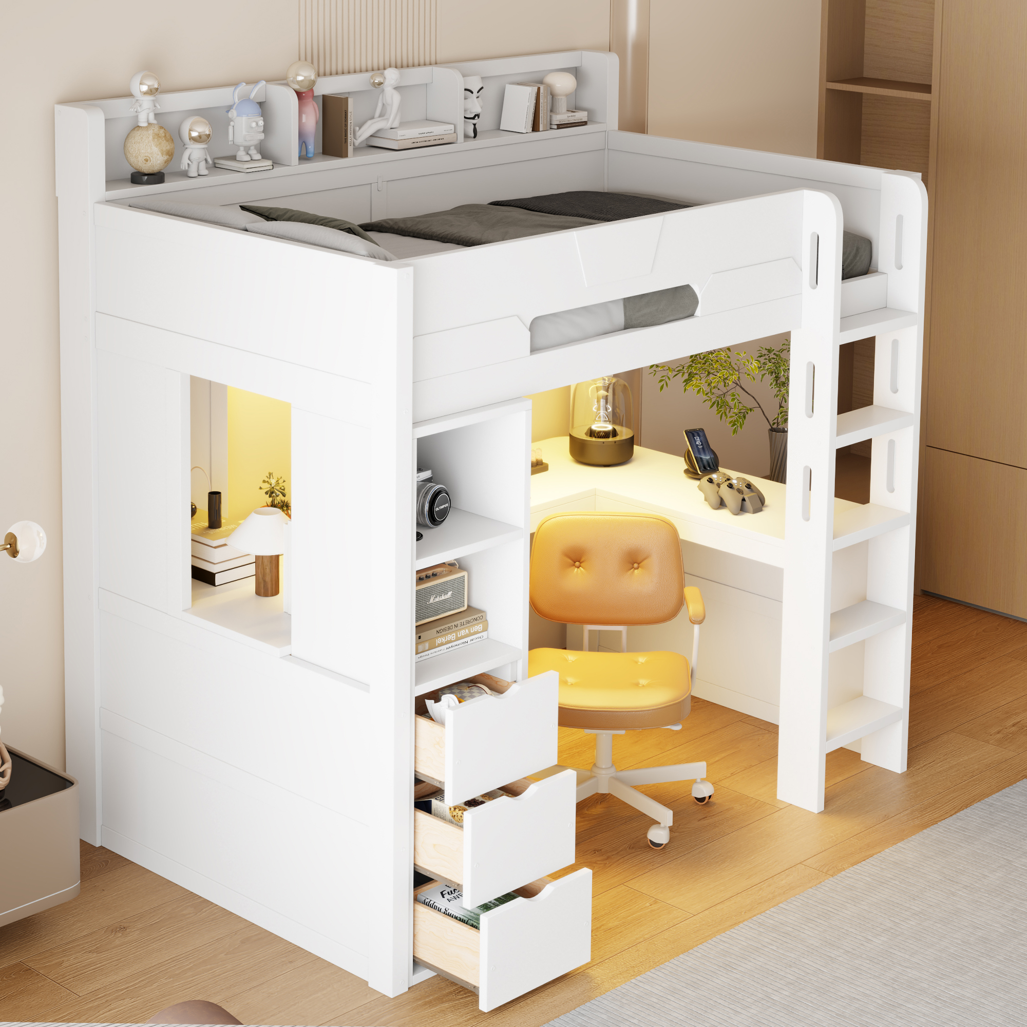 Twin Size Wooden Gaming Loft Bed with U-Shaped Desk, Smart RGB LED Lights and USB Ports