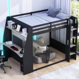 Full Size Wooden Gaming Bunk Bed with Desk,Two Storage Shelves,USB and LED Light
