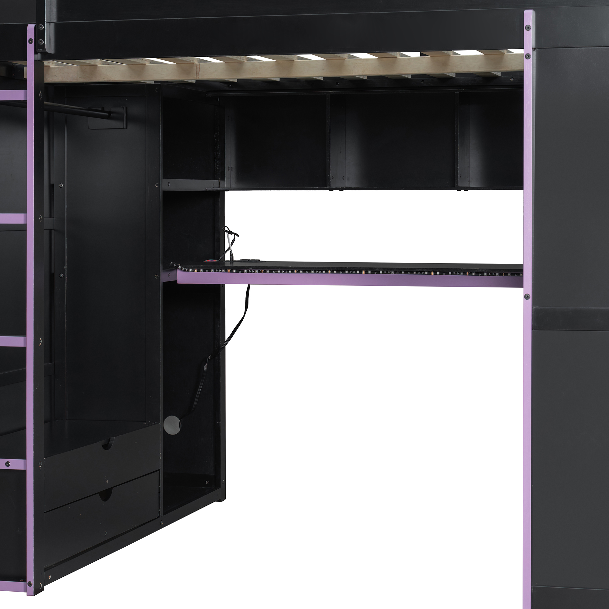 Wood Full Size Loft Bed with Desk, Multi-Storage Shelves and RGB Light