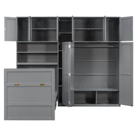 Twin Size Murphy Cabinet Bed With Wardrobe & Storage Shelves, 5-Tier LED Display Shelves, Overhead Cabinets