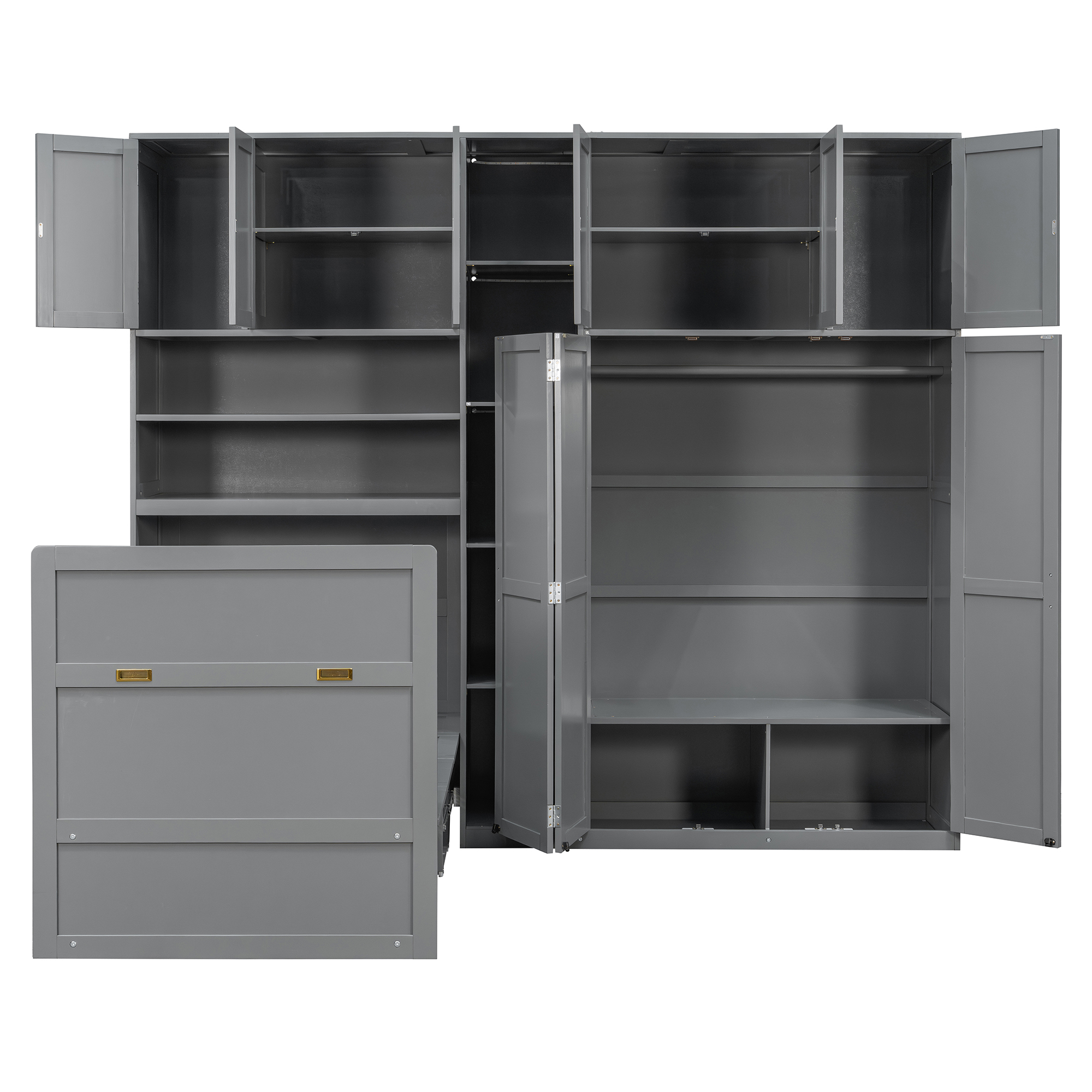 Twin Size Murphy Cabinet Bed With Wardrobe & Storage Shelves, 5-Tier LED Display Shelves, Overhead Cabinets