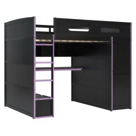 Wood Full Size Loft Bed with Desk, Multi-Storage Shelves and RGB Light