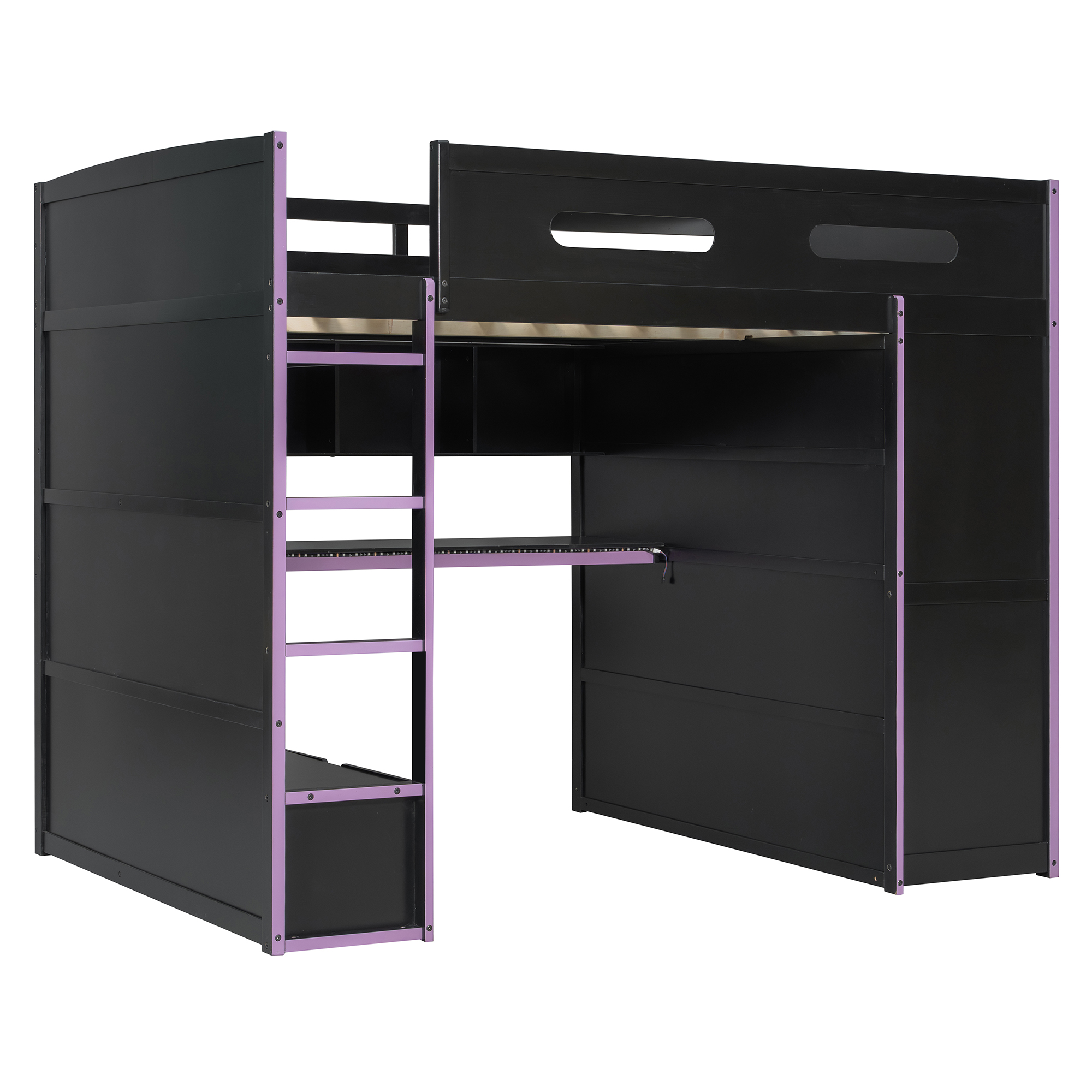 Wood Full Size Loft Bed with Desk, Multi-Storage Shelves and RGB Light