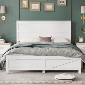 Farmhouse Style Queen Size Bed with Barn Door Designed Headboard and Footboard