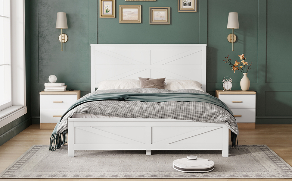 Farmhouse Style Queen Size Bed with Barn Door Designed Headboard and Footboard