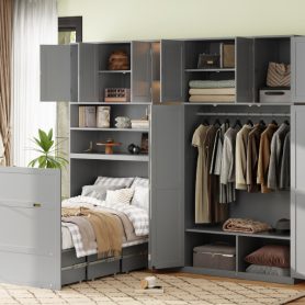 Twin Size Murphy Cabinet Bed With Wardrobe & Storage Shelves, 5-Tier LED Display Shelves, Overhead Cabinets