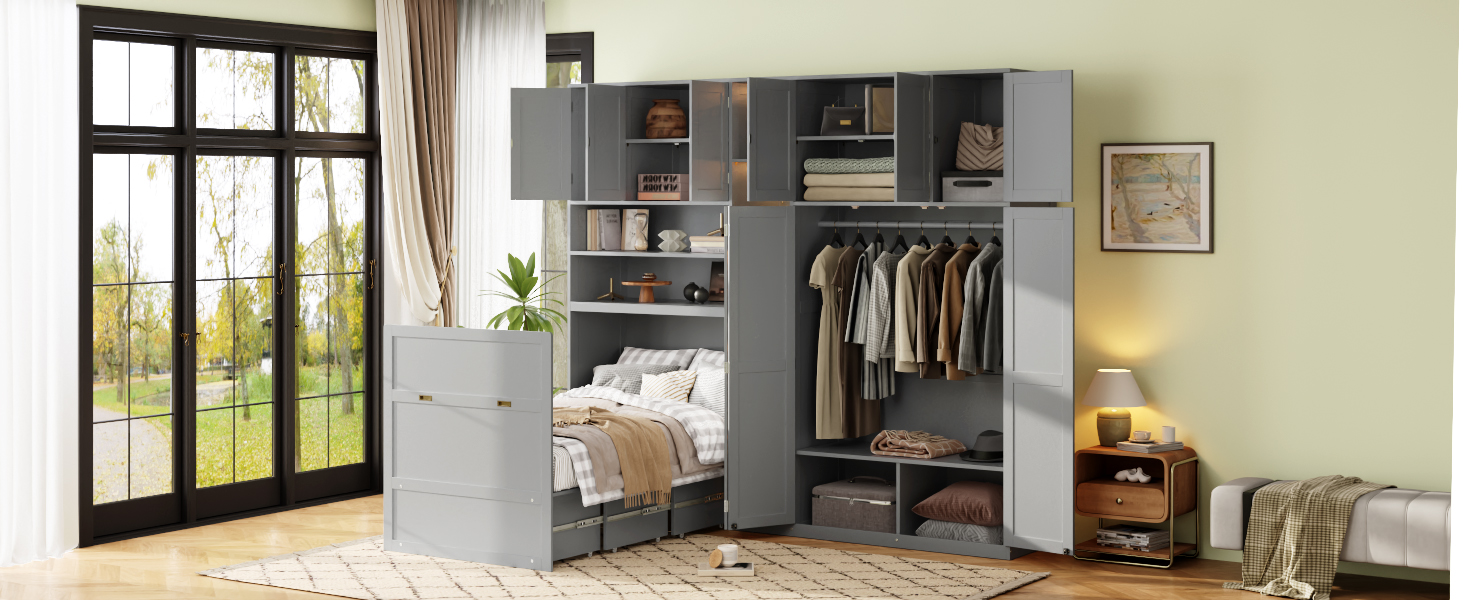 Twin Size Murphy Cabinet Bed With Wardrobe & Storage Shelves, 5-Tier LED Display Shelves, Overhead Cabinets