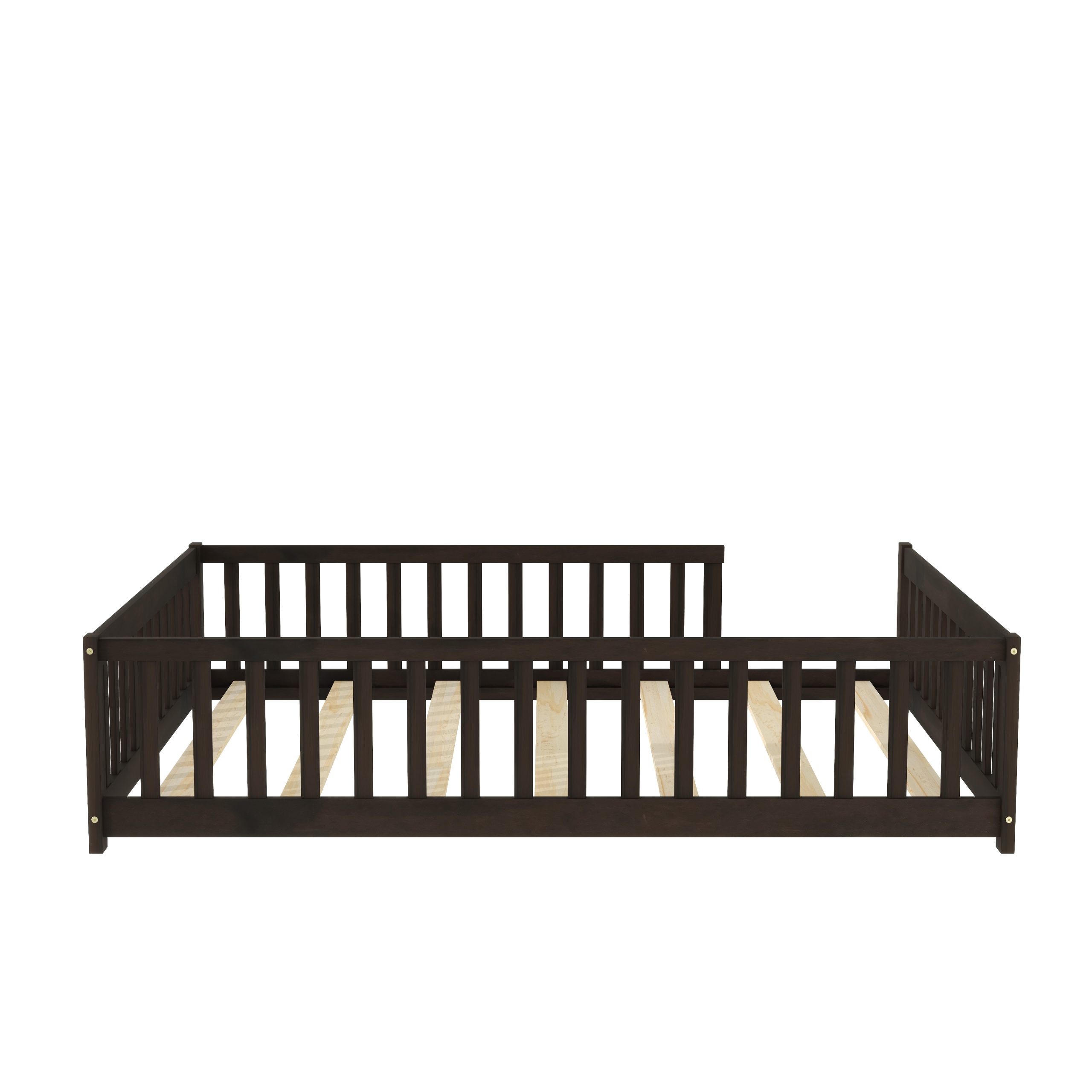 Rubber Wood Full Size Floor Bed with Fence without Door
