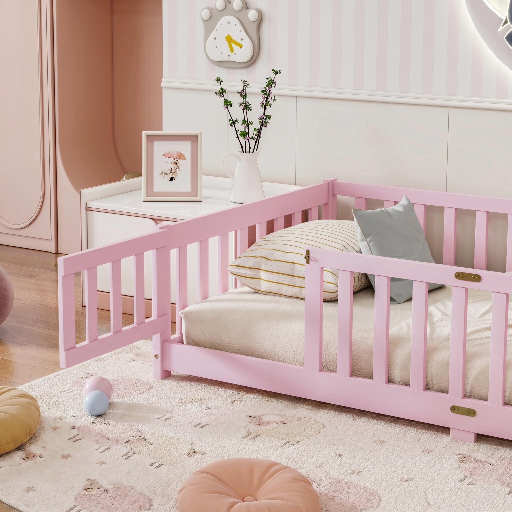 Twin Size Floor Bed with Fence with Door