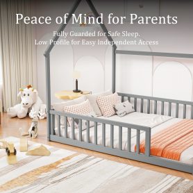 Full Size House Floor Bed With Roof Frame and Safety Guardrails