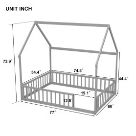 Full Size House Floor Bed With Roof Frame and Safety Guardrails