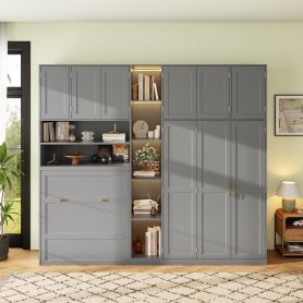 Twin Size Murphy Cabinet Bed With Wardrobe & Storage Shelves, 5-Tier LED Display Shelves, Overhead Cabinets