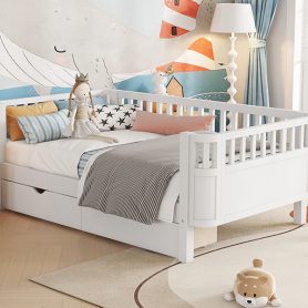 Wood Low Profile Twin Bed with Rails and Drawers
