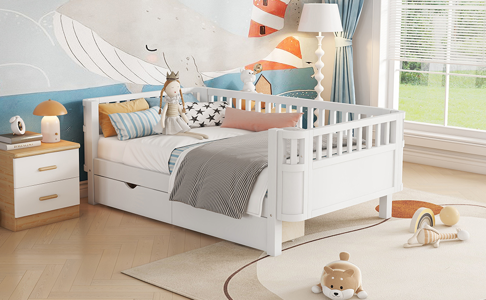 Wood Low Profile Twin Bed with Rails and Drawers