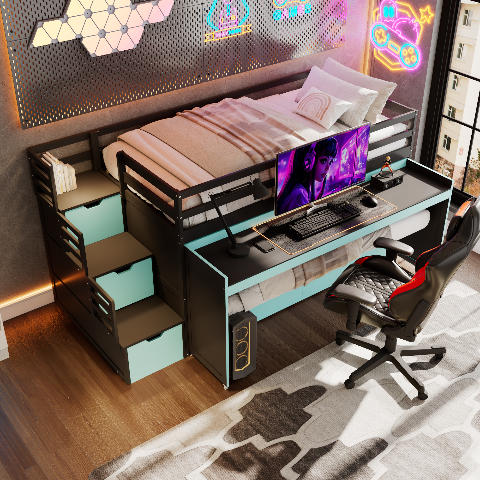Twin XL Loft Bed with Pull-Out Desk and Twin Trundle