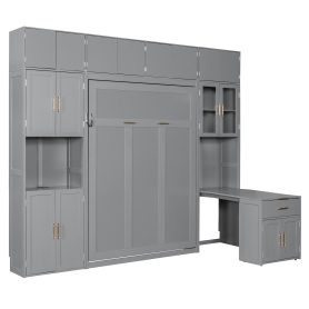 Full Size Murphy Bed With Storage Cabinets, Desk And Glass-door Hutch, USB & Power Outlet, LED Lighted Shelves
