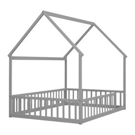 Full Size House Floor Bed With Roof Frame and Safety Guardrails