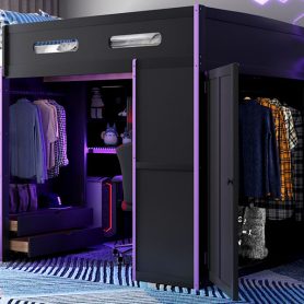 Wood Full Size Loft Bed with Desk, Multi-Storage Shelves and RGB Light