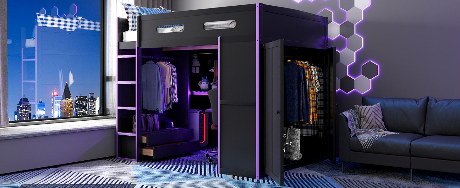 Wood Full Size Loft Bed with Desk, Multi-Storage Shelves and RGB Light