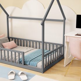 Twin Size House Floor Bed With Roof Frame and Safety Guardrails