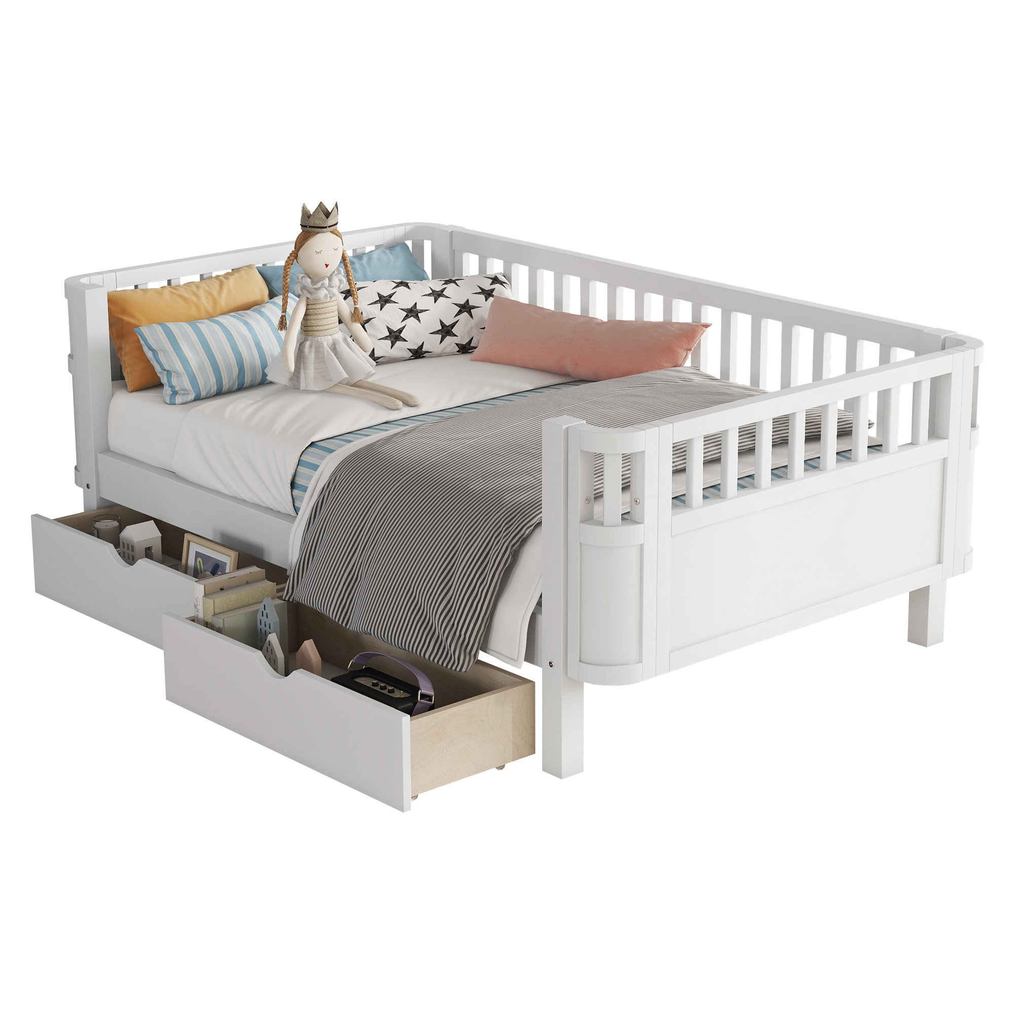Wood Low Profile Twin Bed with Rails and Drawers