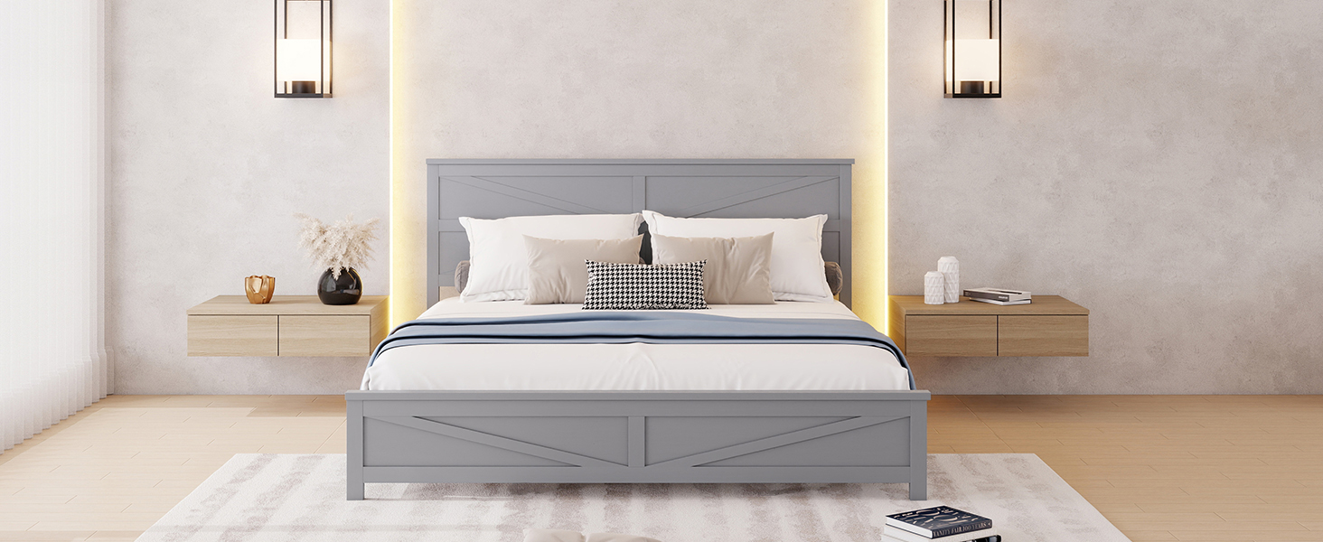 Farmhouse Style King Size Bed with Barn Door Designed Headboard and Footboard