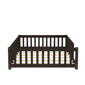 Rubber Wood Full Size Floor Bed with Fence without Door