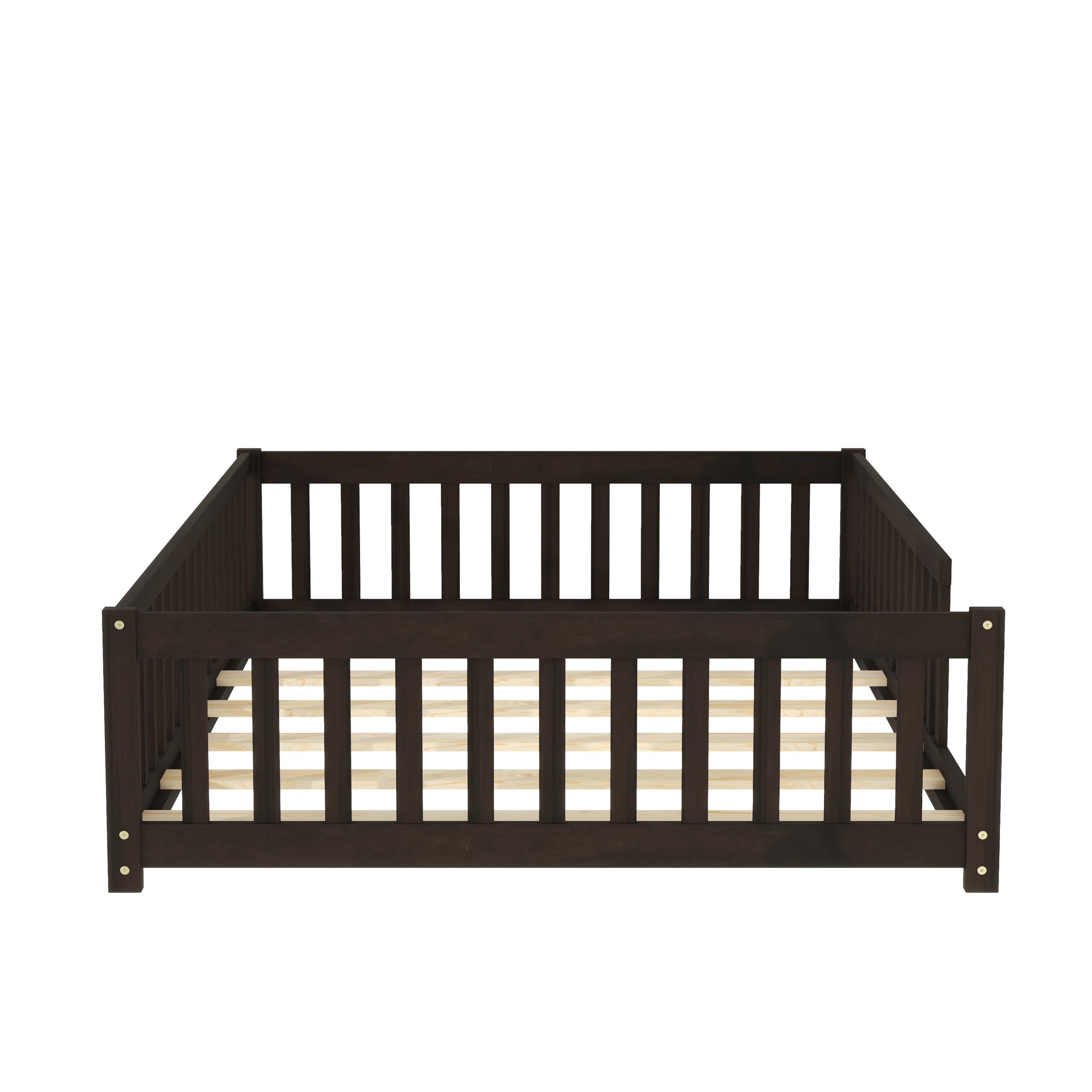 Rubber Wood Full Size Floor Bed with Fence without Door