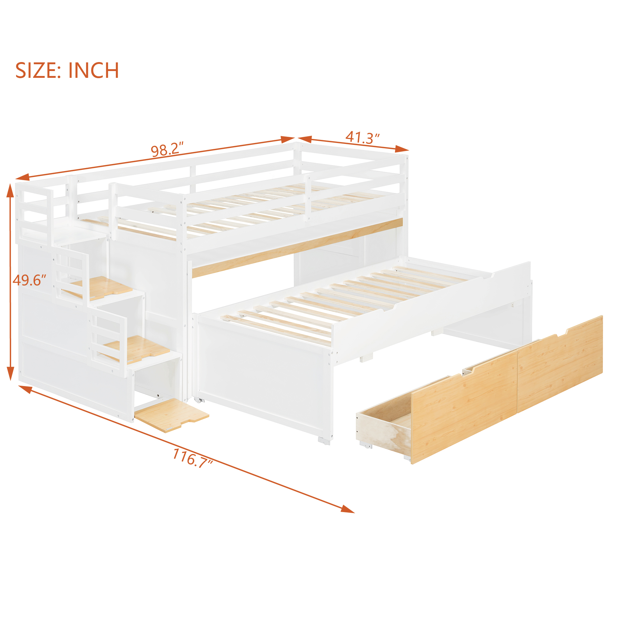 Twin XL Loft Bed with Pull-Out Desk and Twin Trundle