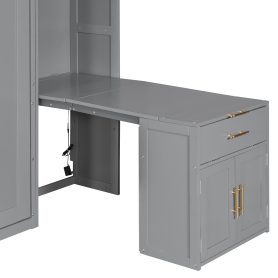 Full Size Murphy Bed With Storage Cabinets, Desk And Glass-door Hutch, USB & Power Outlet, LED Lighted Shelves