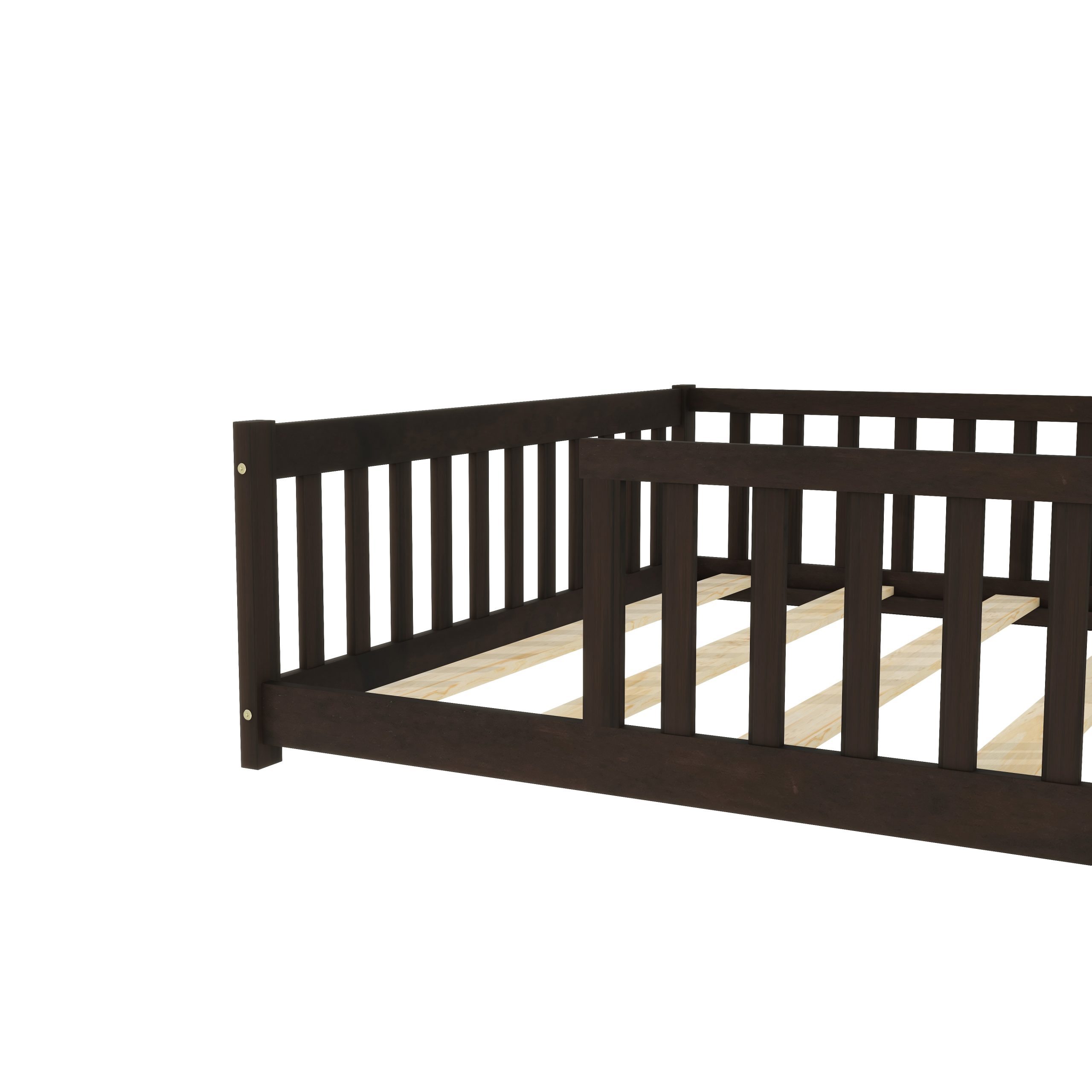 Rubber Wood Full Size Floor Bed with Fence without Door