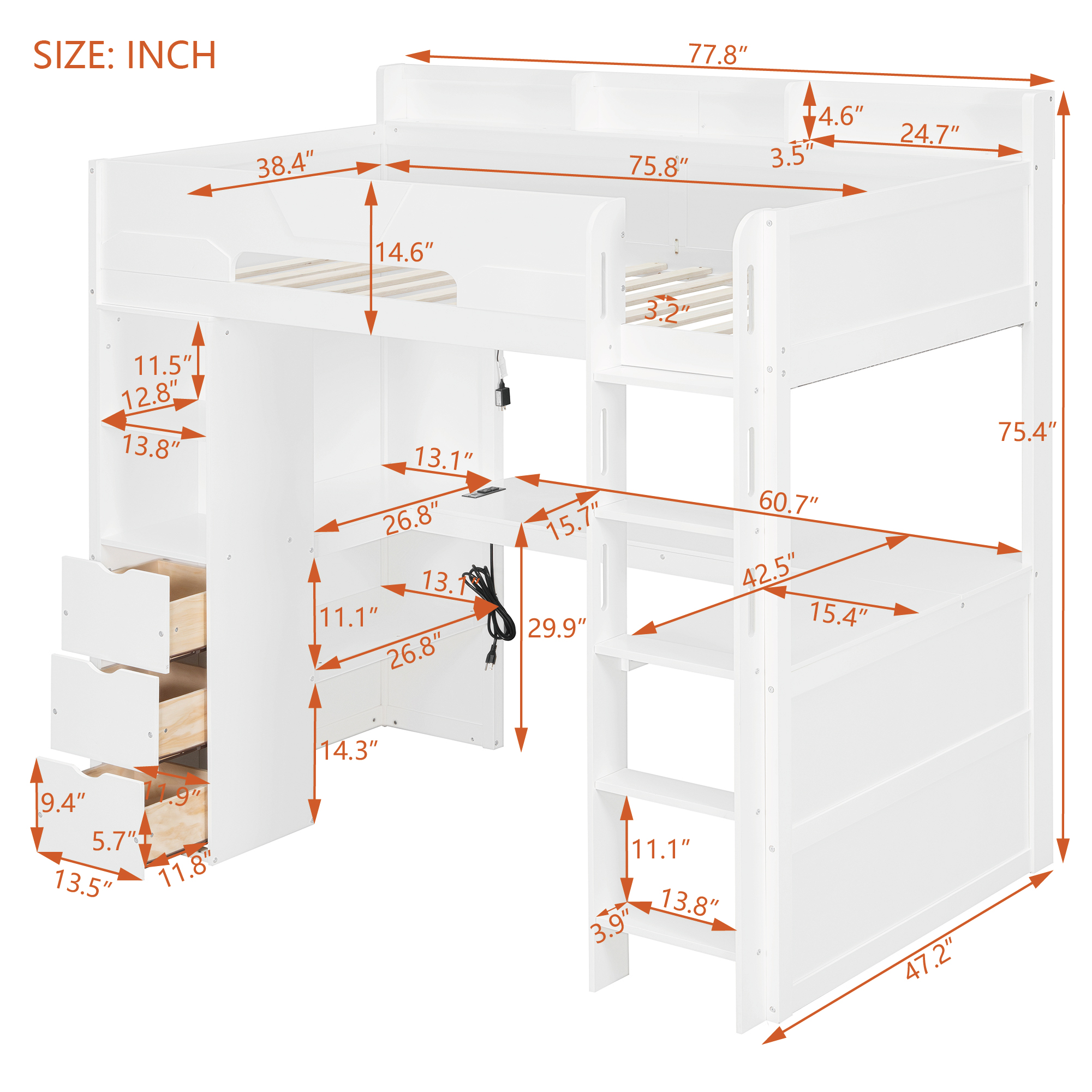 Twin Size Wooden Gaming Loft Bed with U-Shaped Desk, Smart RGB LED Lights and USB Ports