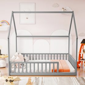 Full Size House Floor Bed With Roof Frame and Safety Guardrails