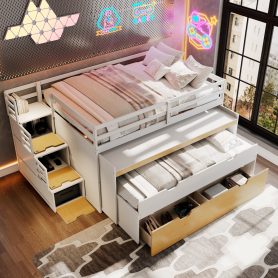 Full XL Loft Bed with Pull-Out Desk and Twin Trundle