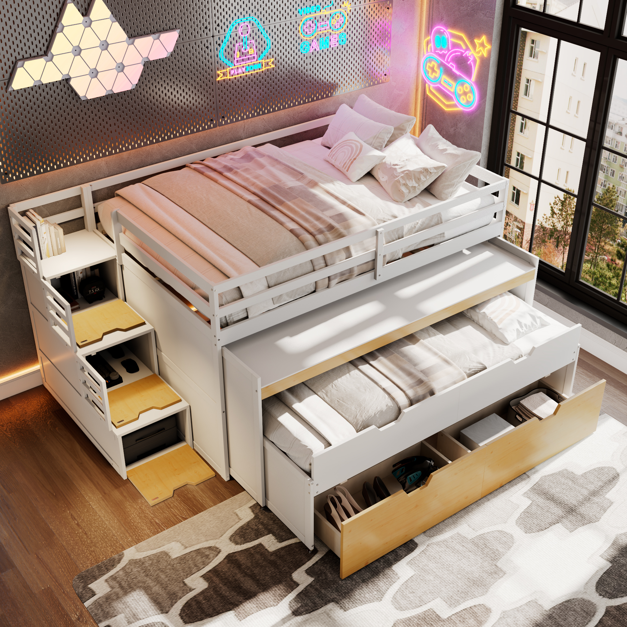 Full XL Loft Bed with Pull-Out Desk and Twin Trundle