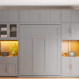 Full Size Murphy Bed With Storage Cabinets, Desk And Glass-door Hutch, USB & Power Outlet, LED Lighted Shelves