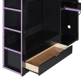 Wood Full Size Loft Bed with Desk, Multi-Storage Shelves and RGB Light